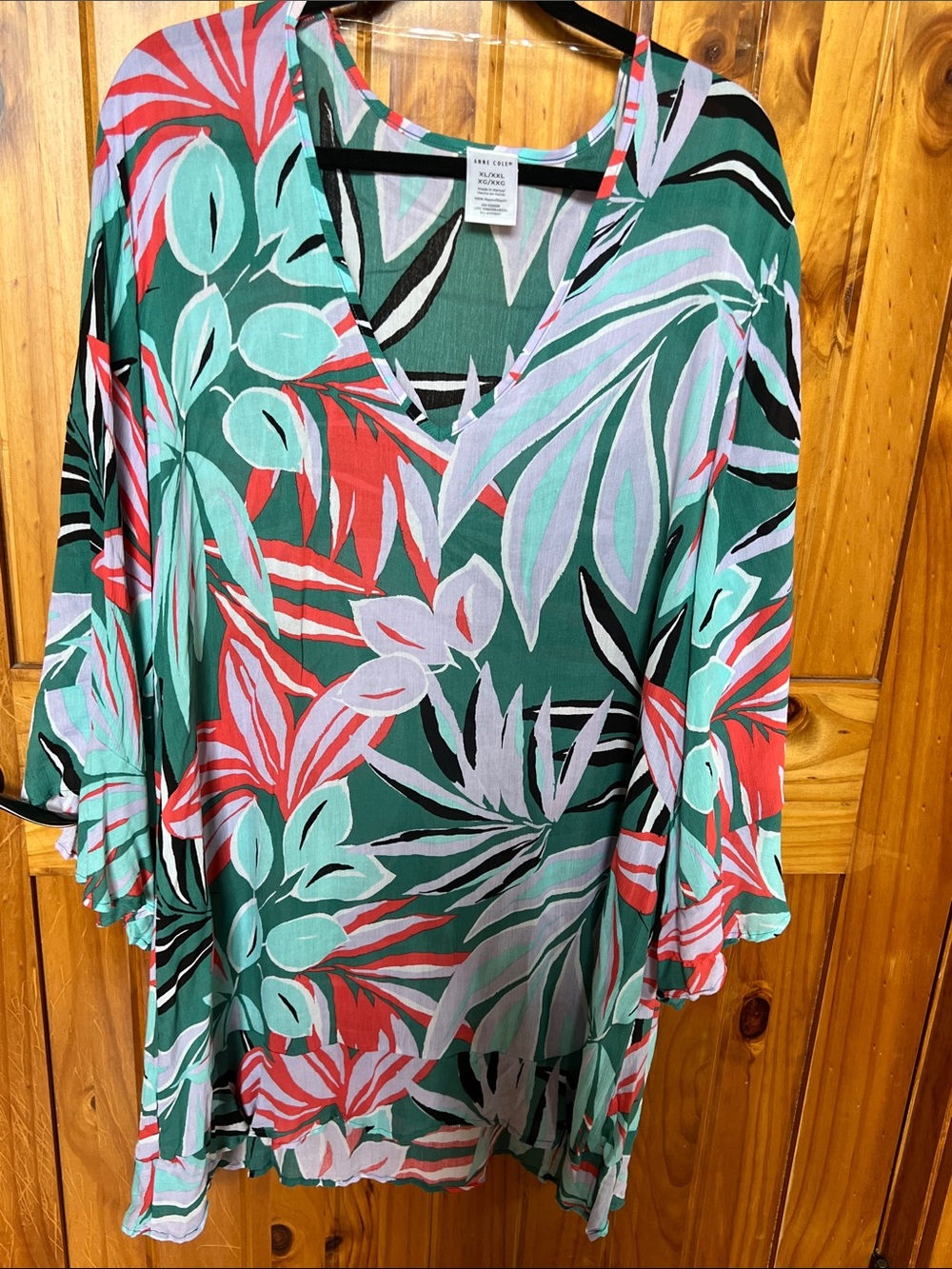 Anne Cole Green Tropical Print Swim Coverup with Coral & Mint Accents